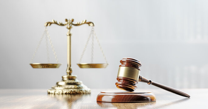 Legal concept: Scales of justice and and the judge's gavel hammer as a symbol of law and order