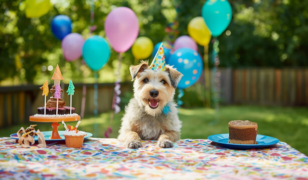 Pies rasy terrier świętujący urodziny na zewnątrz z balonami i tortem