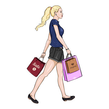 Vector Cartoon Girl Walking with Shopping Bags