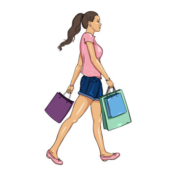 Vector Cartoon Brunette Girl on Shopping