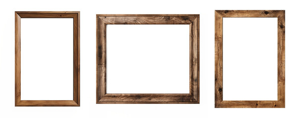 Set of empty natural wooden photo frames on transparent background. Realistic border wooden...