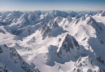 Fototapeta na wymiar Aerial View Snow-covered Alpine Landscape Jagged Mountain Peaks Pristine Slopes