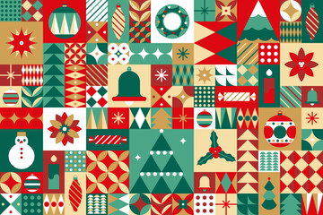 Scandinavian style Christmas seamless pattern. A postcard for the New Year's Eve holiday. Snowflakes, ornaments and Christmas trees. Retro clean conceptual design. Vector illustration © andrei