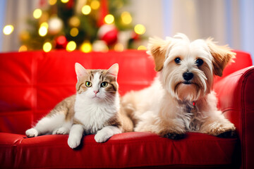 A cat and a dog are sitting on a red sofa in a room decorated for Christmas.