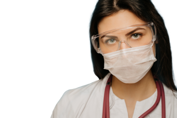 serious doctor close up portrait wearing surgical mask against transparent background, protective glasses and stethoscope on her neck at hospital. Inspiring confidence and professionalism.