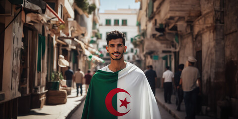 Algerian man draped in Algeria flag in Alger street - obrazy, fototapety, plakaty