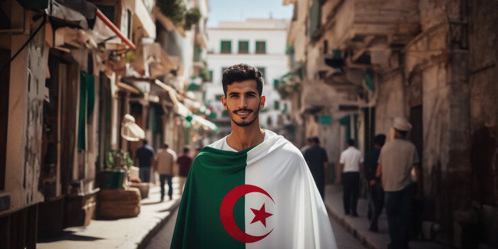 Algerian man draped in Algeria flag in Alger street