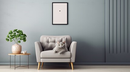 a cute cat lying on a grey armchair in a living room, emphasizing a composition in a minimalist and modern style.
