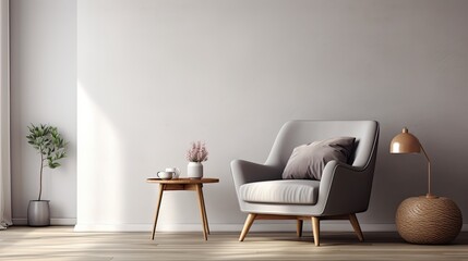 a cute cat lying on a grey armchair in a living room, emphasizing a composition in a minimalist and modern style.