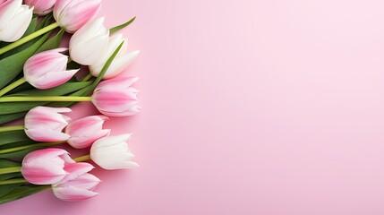 a Mother's Day concept with a bouquet of white and pink tulips on an isolated light background. Ensure there is ample copy space, and the composition follows a minimalist and modern style.