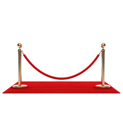 Red carpet and golden barriers front view, isolated on transparent background, PNG file
