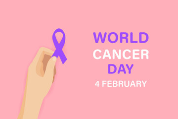 A hand holding a lavender ribbon on a pink background. The concept of World Cancer Day, February 4. Awareness raising, prevention, detection, treatment. Poster and banner design. 