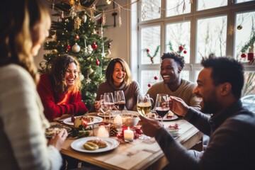 Friends gathered around a dinner table for a Christmas meal. The table is set with plates, glasses, and silverware. There are candles and a centerpiece of red berries and pinecones on the table - 687915107