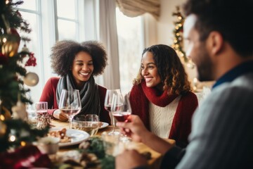 Friends gathered around a dinner table for a Christmas meal. The table is set with plates, glasses, and silverware. There are candles and a centerpiece of red berries and pinecones on the table - 687915110