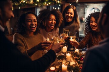 Joyful group of friends celebrating together, raising glasses of champagne amidst warm candlelight, festive decorations, and twinkling fairy lights