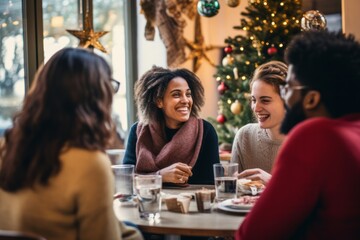 Joyful friends in winter attire at a cafe, radiating warmth and happiness, with festive lights illuminating the background - 687915116