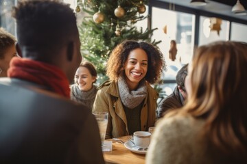 Joyful friends in winter attire at a cafe, radiating warmth and happiness, with festive lights illuminating the background - 687915130