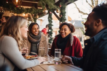 Joyful friends in winter attire at a cafe, radiating warmth and happiness, with festive lights illuminating the background - 687915137