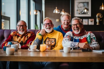 Group of cheerful senior friends in colorful sweaters, sharing laughter at a cafe table, embodying warmth and camaraderie - 687915142