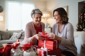 Two cheerful lesbian mature women sharing a joyful moment near a Christmas tree, surrounded by wrapped gifts, in a bright festive living room setting - 687915148
