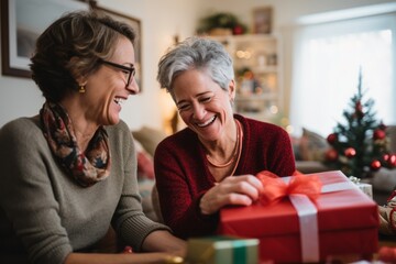 Two cheerful lesbian mature women sharing a joyful moment near a Christmas tree, surrounded by wrapped gifts, in a bright festive living room setting - 687915149