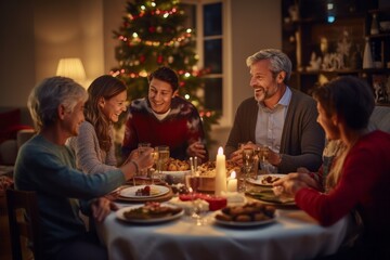 A family gathers around a festive table, enjoying a Christmas dinner. Their faces glow with happiness, amidst candlelight and a decorated tree - 687915151