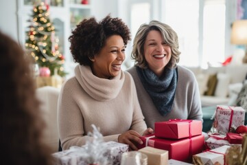 Two cheerful lesbian mature women sharing a joyful moment near a Christmas tree, surrounded by wrapped gifts, in a bright festive living room setting