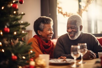 Obraz na płótnie Canvas An elderly Black couple shares a joyful moment near a Christmas tree, their laughter radiating warmth and love in a cozy festive setting