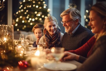 A family gathers around a festive table, enjoying a Christmas dinner. Their faces glow with happiness, amidst candlelight and a decorated tree - 687915183