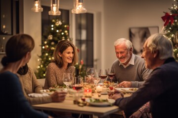 A family gathers around a festive table, enjoying a Christmas dinner. Their faces glow with happiness, amidst candlelight and a decorated tree - 687915186