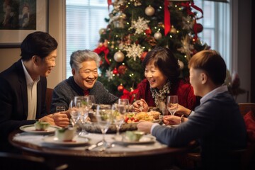 Asian family of 70 year old grand parents, 40 year old parents having a Christmas lunch in daylight