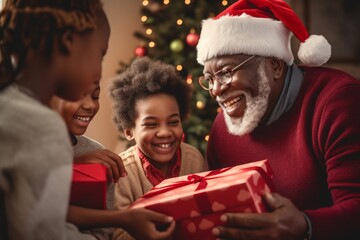 Joyful grandfather in Santa hat shares a Christmas gift moment with gleeful kids. Their laughter and happiness light up the festive atmosphere