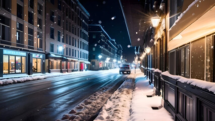 Fototapeta na wymiar Snowflakes falling gently on a quiet street at night. generative ai