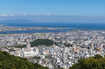 Fototapeta na wymiar Cityscape of tokushima city for yoshinogawa river , View from Mt. bizan ( tokushima city, tokushima, shikoku, japan )