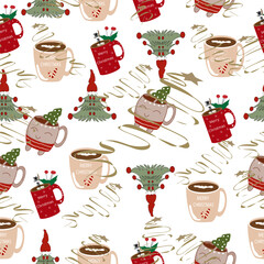 Christmas pattern with cups.Vector ,holiday ,cartoon elements.