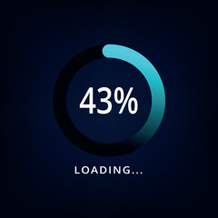 Loading bar vector illustration in blue color isolated on dark background. Circle loading bar with 43% progress.