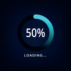 Loading bar vector illustration in blue color isolated on dark background. Circle loading bar with 50% progress.