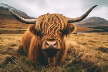 Crédence de cuisine en verre imprimé Highlander écossais scottish brown cow with long hair