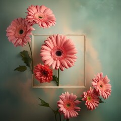 Pink gerbera flowers in frame on blue background with copy space.