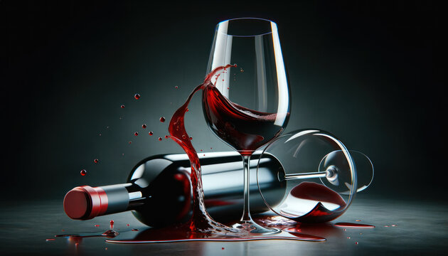 Bottle of Red Wine with Tipped-Over Glass and Spilled Wine on Dark Surface
