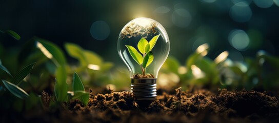 electric lightbulb contains green plant with sunlight. - obrazy, fototapety, plakaty
