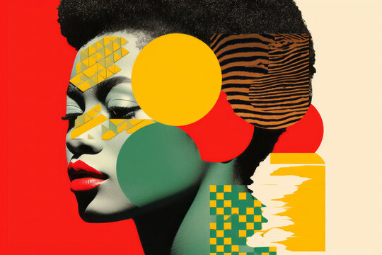 Black history month abstract portrait of a beautiful black woman, graphic shapes pan african colors