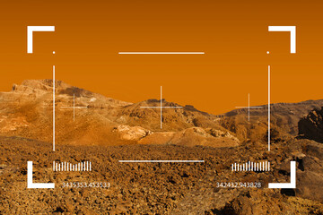 Empty planet landscape through viewfinder of Mars rover. Cosmic scene with desert, stone, sand and martian sky backgroun. Elements of this image furnished by NASA.