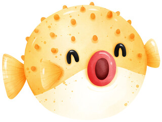 Cute puffer fish under the sea watercolor illustration
