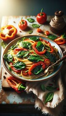 Fototapeta na wymiar Spaghetti with Spinach and Roasted Red Bell Pepper