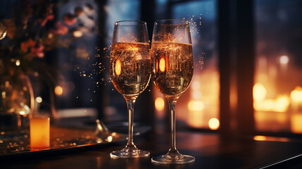 Two glasses of champagne on the table with Bengali fireworks inside, in the restaurant - obrazy, fototapety, plakaty
