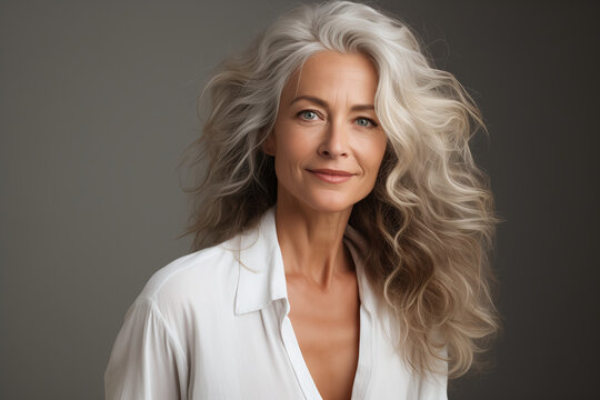 Middle aged happy mature woman with white hair, senior 50 year lady looking at camera, isolated on closeup headshot. Gray studio background