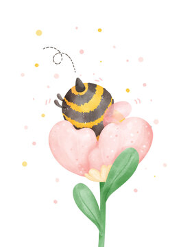Cute baby honey bee with flower watercolor cartoon character hand painting illustration vector.