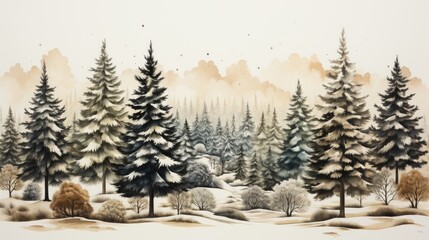 Woodcut Print Style of a Winter (Christmas) Scene with Trees and Landscape - Winter Nature Background created with Generative AI Technology