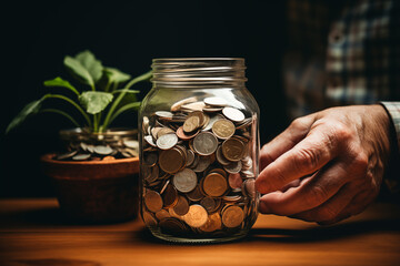 retirement savings, a jar of coins in the hands of an old man